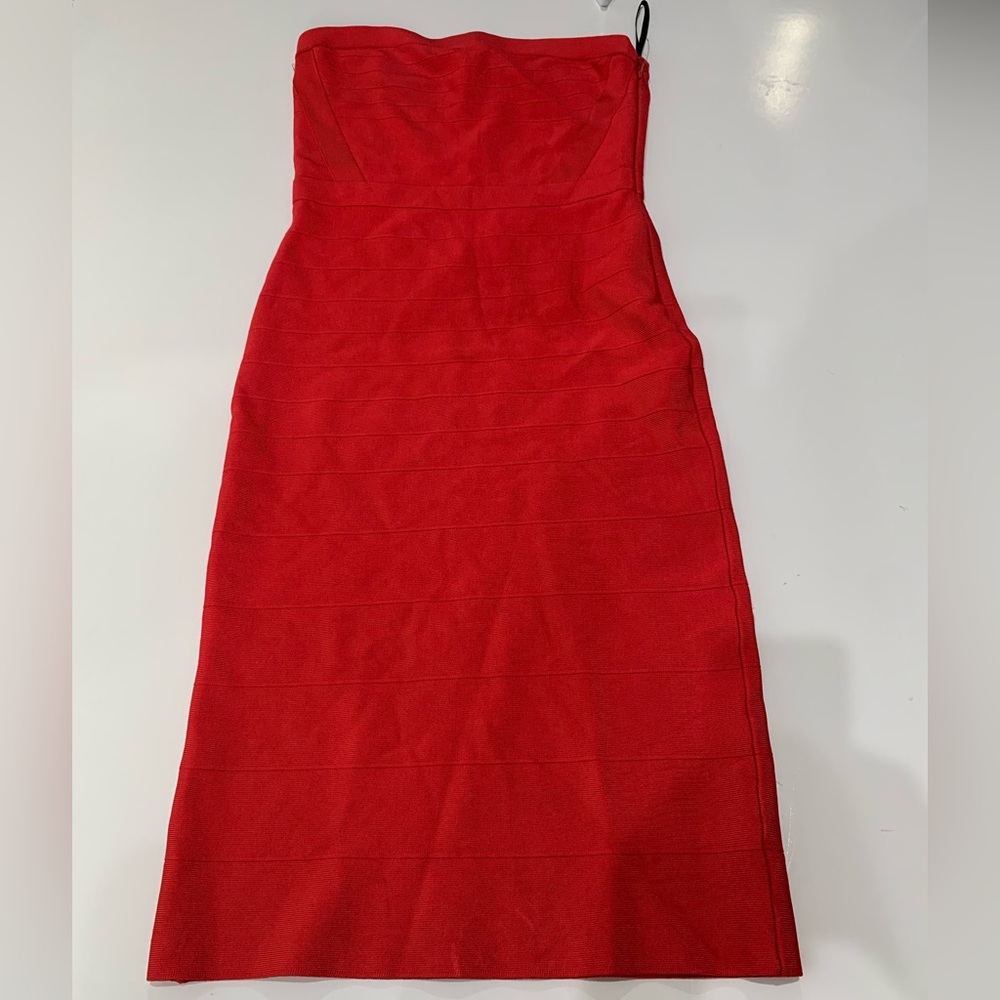 bebe Strapless Red Midi Sheath Dress
